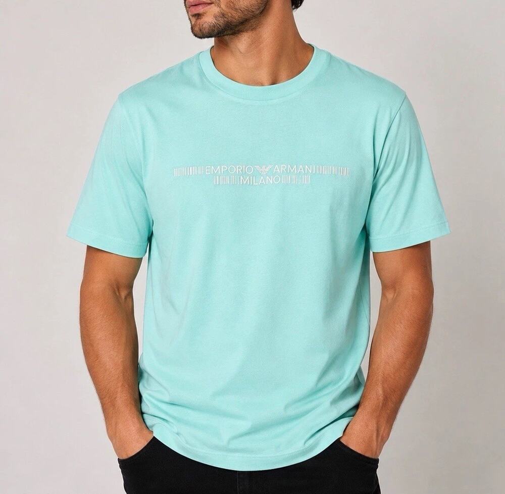 NWT Emporio Armani Milano Logo T-Shirt Mens Large Mint Aqua Crew Neck Cotton XXL